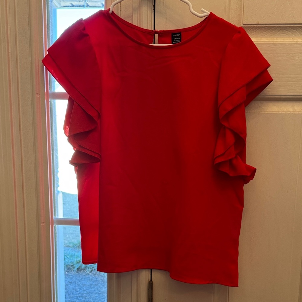SHEIN Bold Red Ruffle Sleeve Blouse